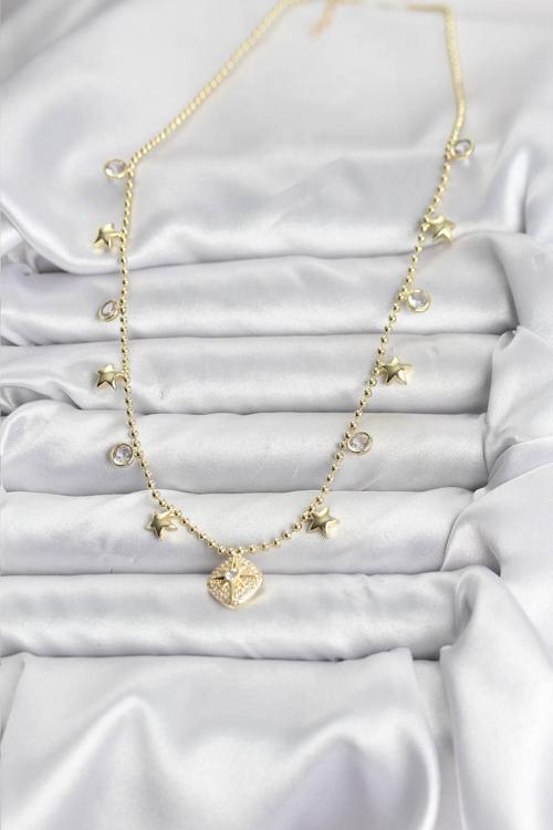 Zarif Boyunlar için Golden Pirinç Zirkonlu Kutup Yıldızı Kadın Kolye