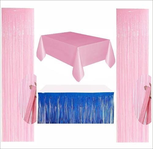 Pembe Masa Örtüsü, Lacivert Masa Eteği, 2 Adet Pembe Arka Fon