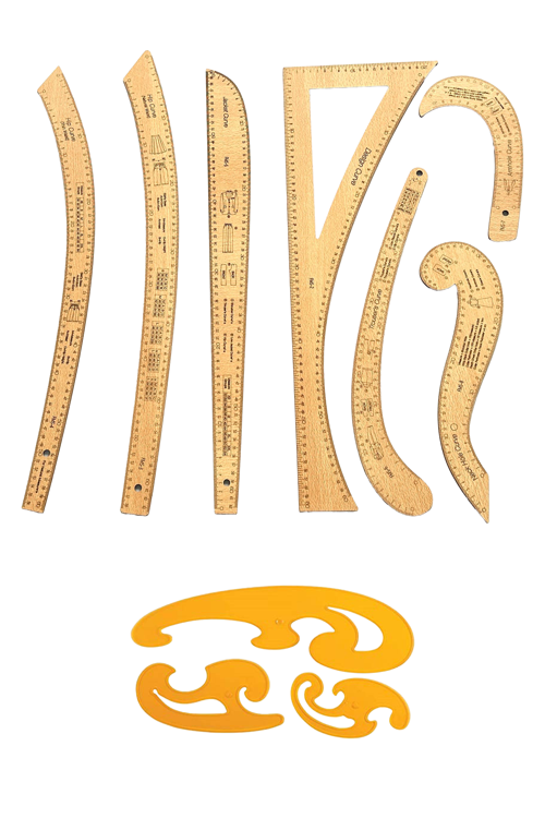 Kayın Renk Fransız 7 Parça Modelist Kalıp Çizim Seti – Gönye & Pistole / Pantolon, Ceket, Etek, Yaka