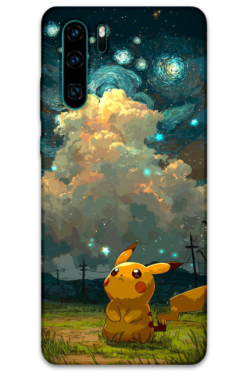 Huawei P30 Pro Uyumlu Pikacu Desenli Telefon Kılıfı + Ekran Koruyucu - 5940
