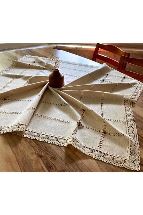Buldan Bezi Dantelli Kahve Boncuklu Kopanakhi Güpürlü 100X100 Fiskos Masa Örtüsü