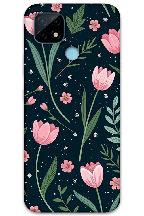 Realme C21 Uyumlu Çiçek Desenli Telefon Kılıfı + Ekran Koruyucu - 5788