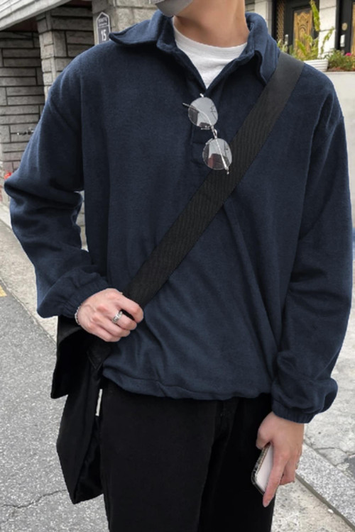 Erkek Oversize Ayarlanabilir Bel Lastikli Gömlek Yaka Polar Sweatshirt
