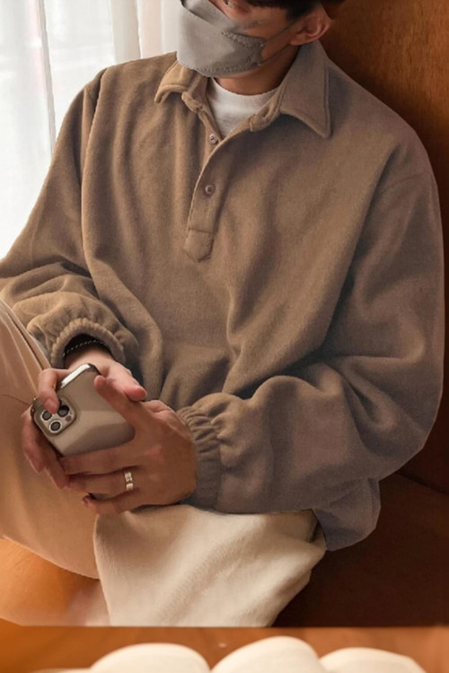Erkek Oversize Ayarlanabilir Bel Lastikli Gömlek Yaka Polar Sweatshirt
