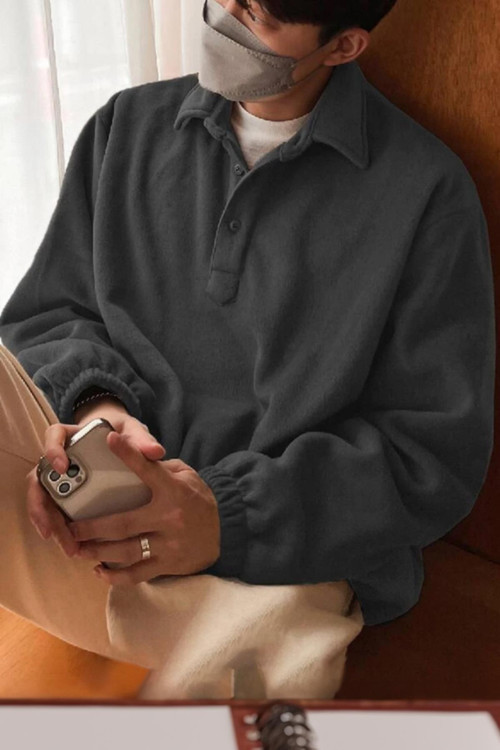 Erkek Oversize Ayarlanabilir Bel Lastikli Gömlek Yaka Polar Sweatshirt