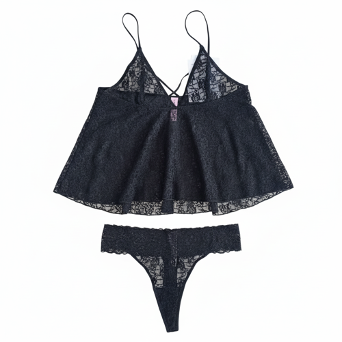 Kadın Çapraz Askı Detaylı Siyah Renk Tül String 2 li Set BB2054