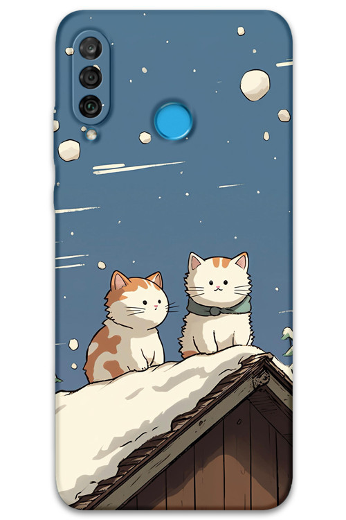 Huawei P30 Lite Uyumlu Kedi Desenli Telefon Kılıfı + Ekran Koruyucu - 5780