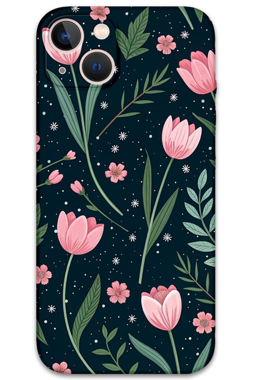 İphone 14 Uyumlu Çiçek Desenli Telefon Kılıfı + Ekran Koruyucu - 5788