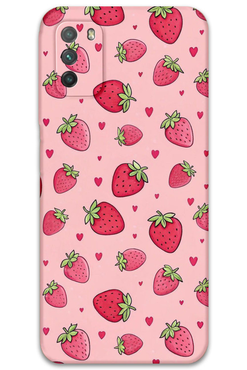 Poco M3 Uyumlu Çilek Desenli Telefon Kılıfı + Ekran Koruyucu - 5804