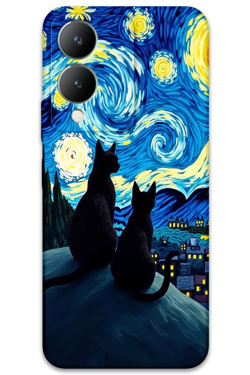Vivo Y17S Uyumlu Kedi Desenli Telefon Kılıfı + Ekran Koruyucu - 5782