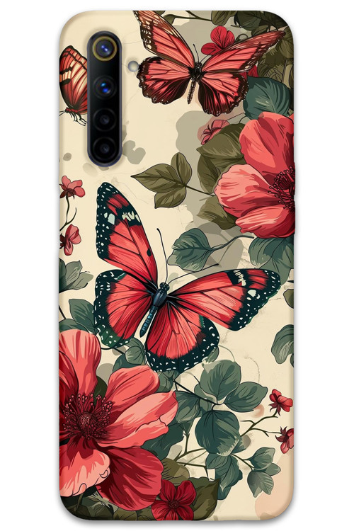 Realme 6 Uyumlu Kelebek Desenli Telefon Kılıfı + Ekran Koruyucu - 5795