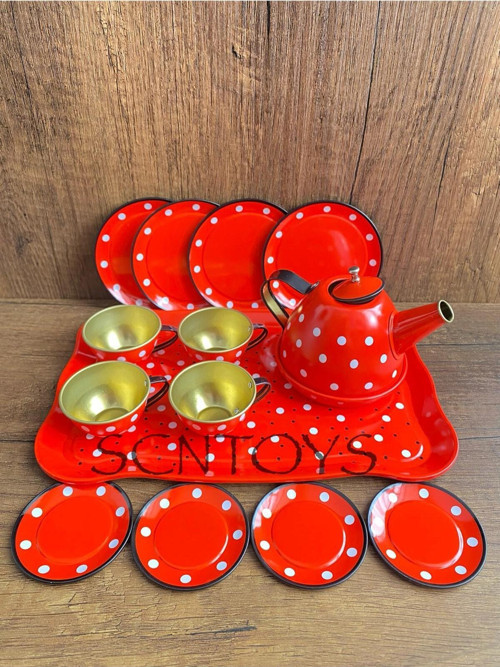 Kutulu 15 Parça Çay Seti Fincan Takımı Metal Evcilik Oyunu Kırmızı Puantiyeli Oyuncak Çay Seti