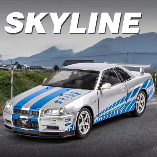 Fast And Furious Diecast Model 2002 Nissan Skyline Gtr R34Silver/Blue 1:24 Ölçek Sesli Işıklı