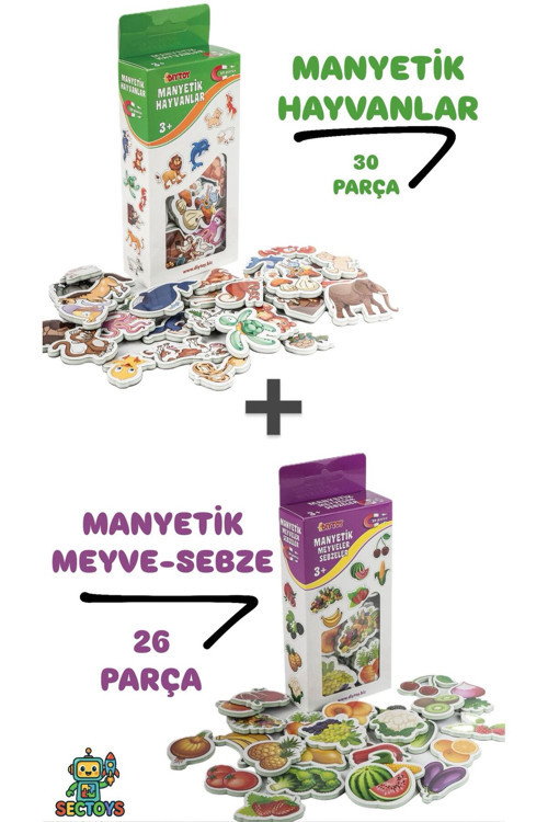 Oyuncak Manyetik Mıknatıslı 30 Parça Hayvanlar Ve 26 Parça Sebze Meyveler Eğitici Set Magnet Set