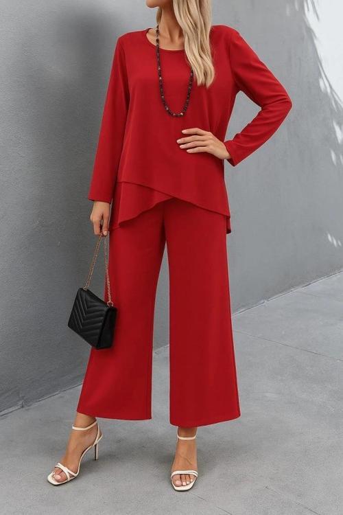 MDB Kadın Uzun Kollu Asimetrik Detaylı Salaş Sandy Bluz Ve Pantolon Ikili Takım