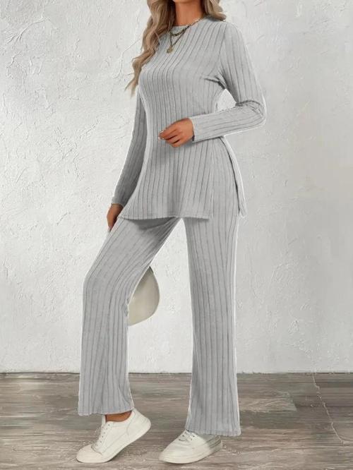 MDB Kadın Uzun Kollu Bisiklet Yaka Yandan Yırtmaçlı şardonlu Kaşkorse Bluz Ve Pantolon Ikili Takım