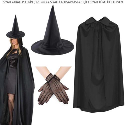 BFS 120 cm Siyah Yakalı Cadı Pelerini Cadı Şapkası ve 1 Çift Siyah Kısa File Tüm Eldiven Seti 3 Parç