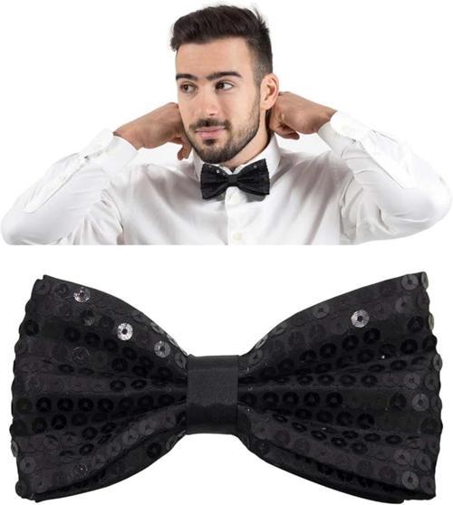 BFS   Gece Işıltısı Siyah Payetli Pullu Papyon 7x2 cm