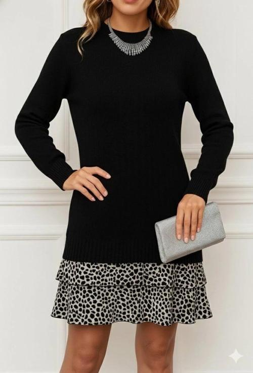 MDB Kadın Uzun Kollu üst şardonlu Kaşkorse Alt Süprem Desenli Elbise