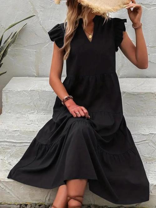 MDB Kadın Kısa Kollu V Yakalı Geniş Kesim Uzun Trikoton Elbise