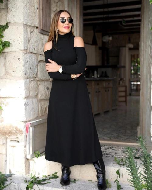 MDB Kadın Balıkçı Yaka Omuzlardan Açık Uzun Kollu Janjan Krep Elbise