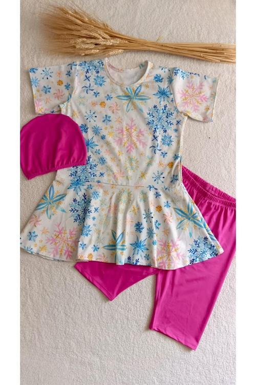 Kız Çocuk Genç Üst , Bone , Tayt 3 Parça Kar Tanesi Tesettür Deniz Havuz Mayo Takımı