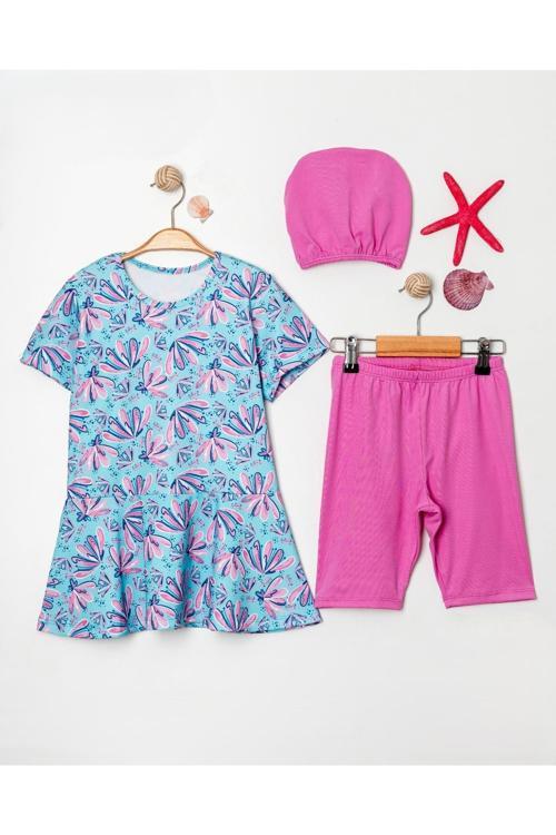 Kız Çocuk Üst , Bone , Tayt 3 Parça Çiçek Desenli Tesettür Deniz Havuz Mayo Takımı