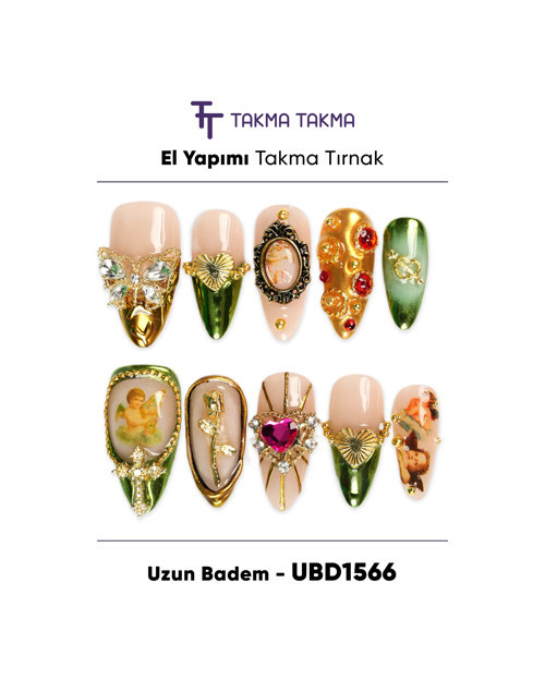 10'lu Renkli Uzun Badem UBD1566 Tekrar Kullanılabilir El Yapımı Protez Takma Tırnak Renkli-L