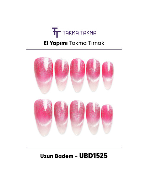 10'lu Pembe Uzun Badem UBD1525 Tekrar Kullanılabilir El Yapımı Protez Takma Tırnak Pembe-XS