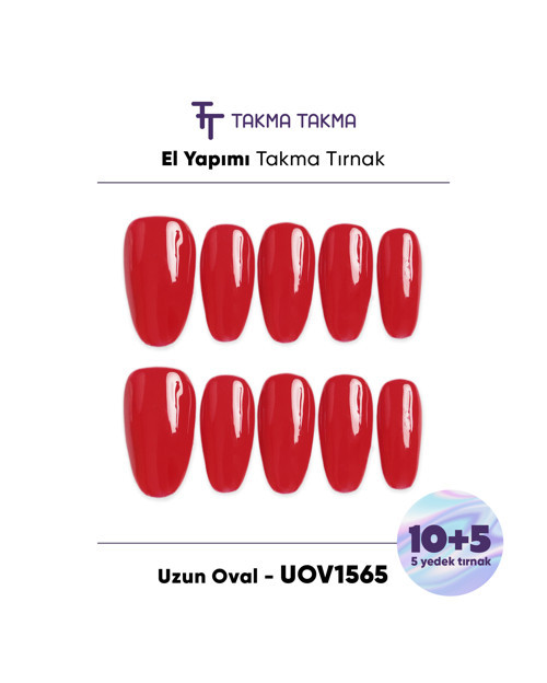 15'li Kırmızı Uzun Oval UOV1565 Tekrar Kullanılabilir El Yapımı Protez Takma Tırnak Kırmızı-XS