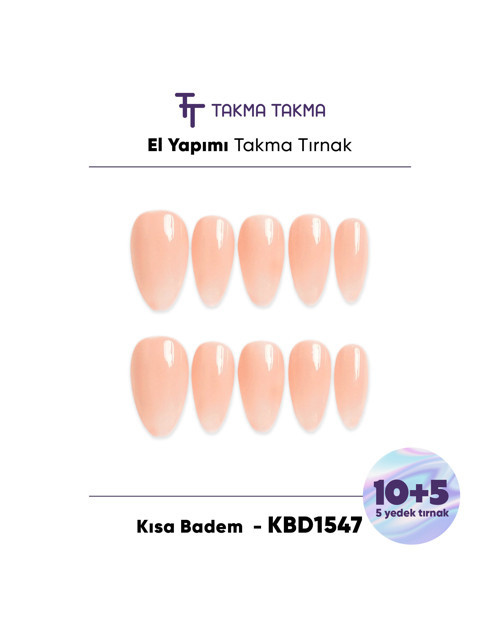 15'li Ten Rengi Kısa Badem KBD1547 Tekrar Kullanılabilir El Yapımı Protez Takma Tırnak Ten Rengi-S