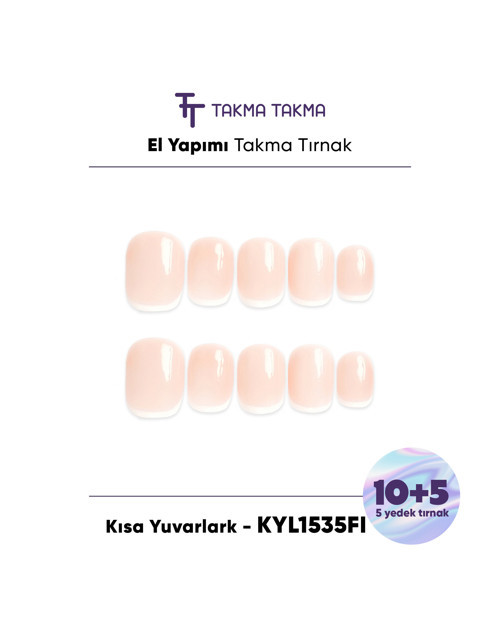 15'li Ten Rengi Kısa Yuvarlark KYL1535FI Tekrar Kullanılabilir El Yapımı Protez Takma Tırnak Ten Rengi-XS