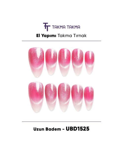 10'lu Pembe Uzun Badem UBD1525 Tekrar Kullanılabilir El Yapımı Protez Takma Tırnak Pembe-S