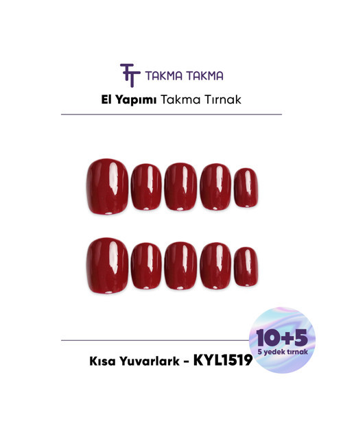 15'li Bordo Kısa Yuvarlak KYL1519 Tekrar Kullanılabilir El Yapımı Protez Takma Tırnak Bordo-L