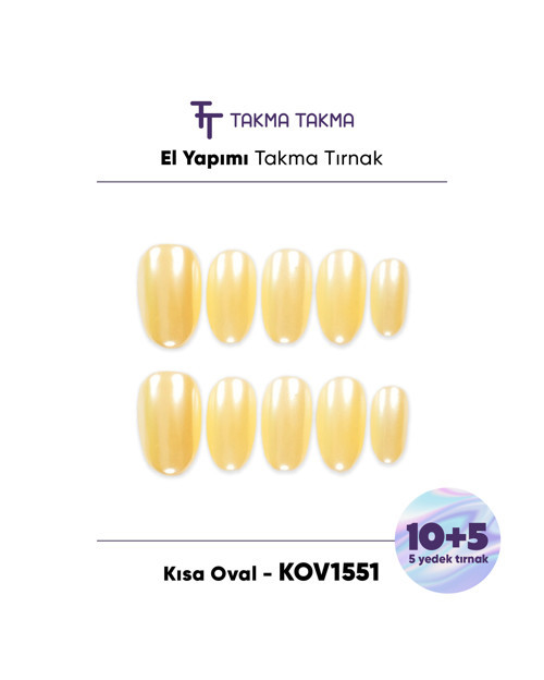 15'li Sarı Kısa Oval KOV1551 Tekrar Kullanılabilir El Yapımı Protez Takma Tırnak Sarı-XS