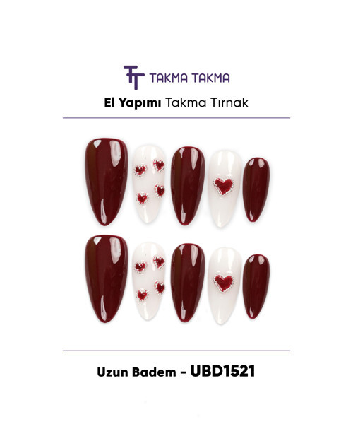 10'lu Bordo Uzun Badem UBD1521 Tekrar Kullanılabilir El Yapımı Protez Takma Tırnak Bordo-L