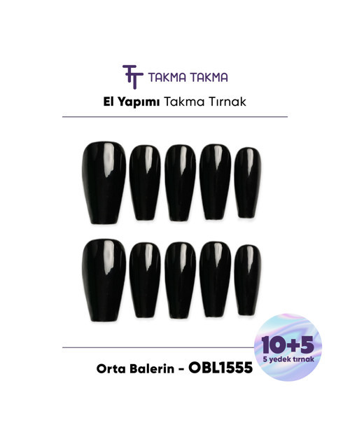 15'li Siyah Orta Balerin OBL1555 Tekrar Kullanılabilir El Yapımı Protez Takma Tırnak Siyah-S
