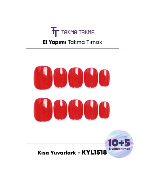 15'li Kırmızı Kısa Yuvarlak KYL1518 Tekrar Kullanılabilir El Yapımı Protez Takma Tırnak Kırmızı-M