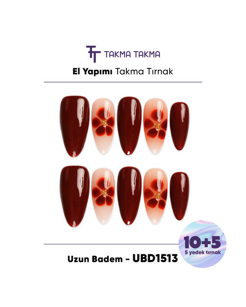 15'li Kahverengi Uzun Badem UBD1513 Tekrar Kullanılabilir El Yapımı Protez Takma Tırnak Kahverengi-XS