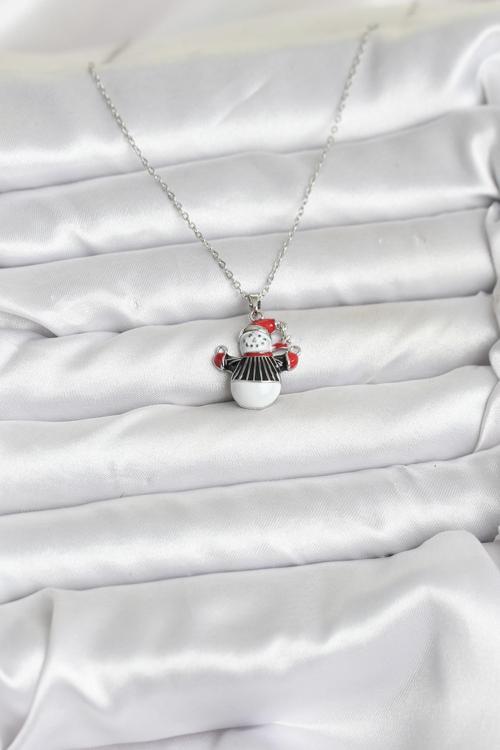 Zarif Boyunlar için Silver Çelik Zincir Kardan Adam Yılbaşı Tema Kadın Kolye