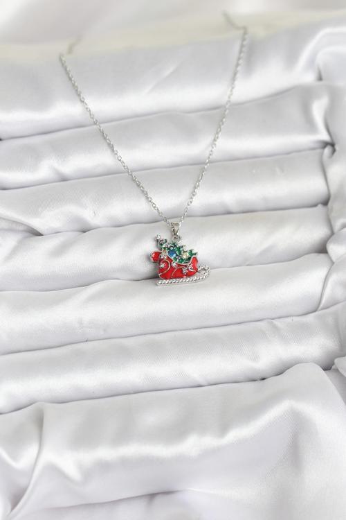 Zarif Boyunlar için Silver Çelik Zincir Kızak Çam Ağacı Yılbaşı Tema Kadın Kolye