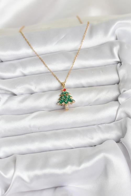 Zarif Boyunlar için Golden Çelik Zincir Çam Ağacı Yılbaşı Tema Kadın Kolye