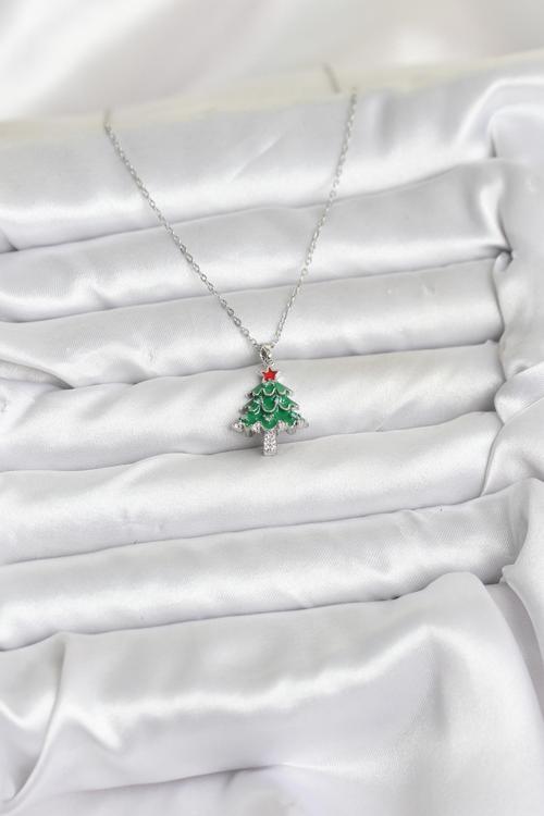 Zarif Boyunlar için Silver Çelik Zincir Çam Ağacı Yılbaşı Tema Kadın Kolye
