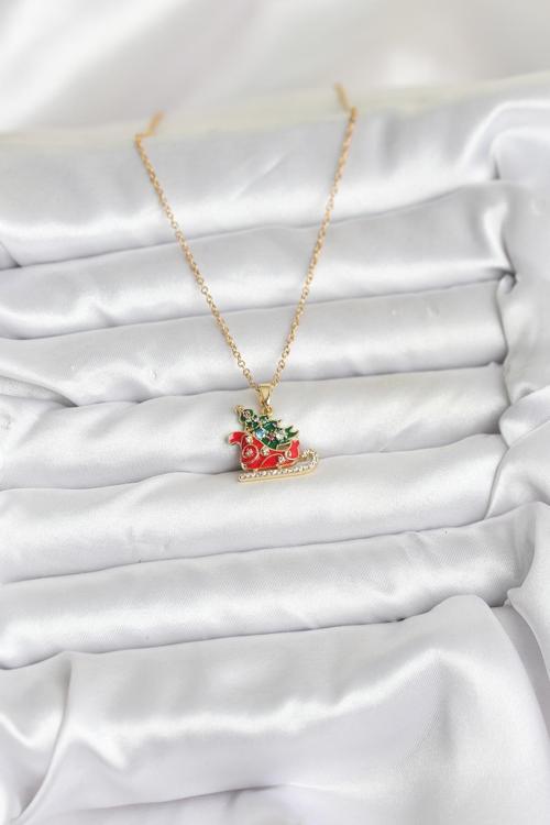 Zarif Boyunlar için Golden Çelik Zincir Kızak Çam Ağacı Yılbaşı Tema Kadın Kolye