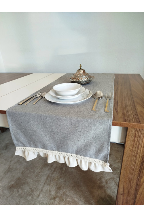 Naturel Organik Yumuşak Keten Fırfırlı Runner 47X120 Cm