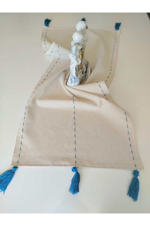 Otantik Bohem Tarzı Keten Çizgili Püsküllü 47X105 Cm Runner