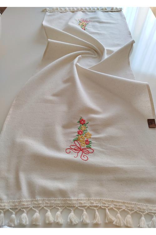 Nakışlı Otantik Organik Saçaklı Yumuşak Keten Runner 47X120 Cm