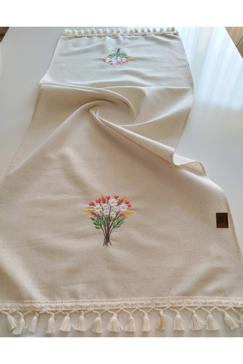 Nakışlı Otantik Organik Saçaklı Yumuşak Keten Runner 47X120 Cm