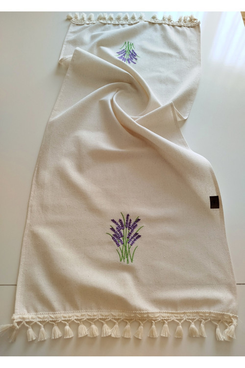 Nakışlı Otantik Organik Saçaklı Yumuşak Keten Runner 47X120 Cm