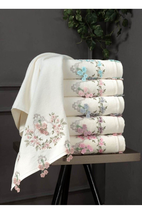 50X90 Cm Luna Kadife 3D Nakışlı %100 Bukle Beyaz 6 Adet El Yüz Havlu Seti